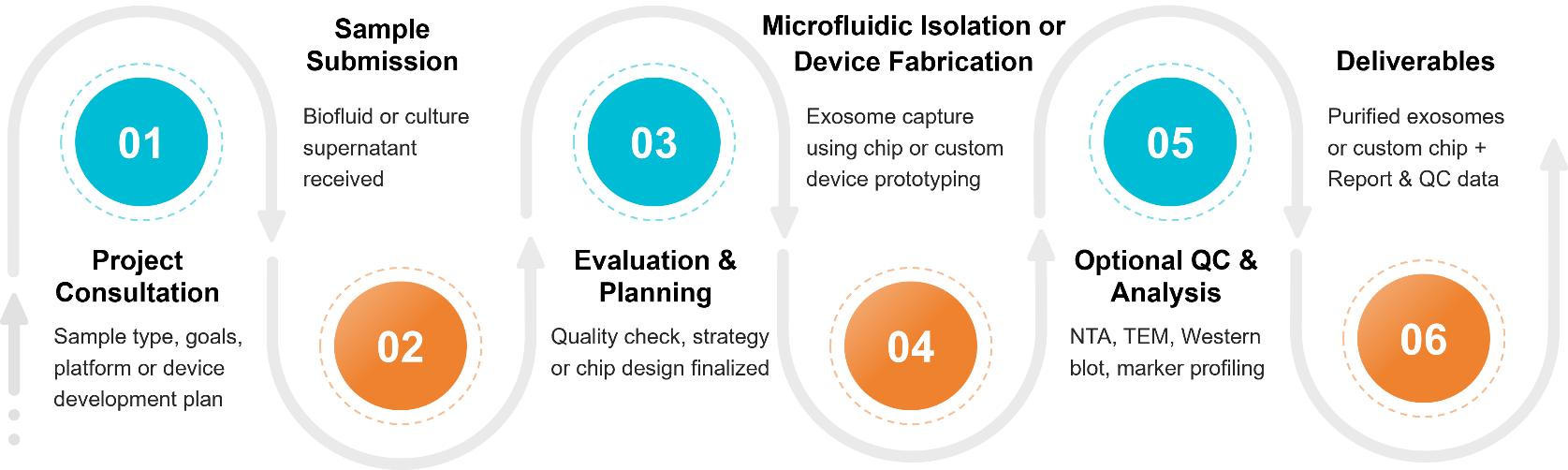 Workflow diagram showing microfluidic exosome isolation from consultation to device-based capture and final delivery of purified vesicles.