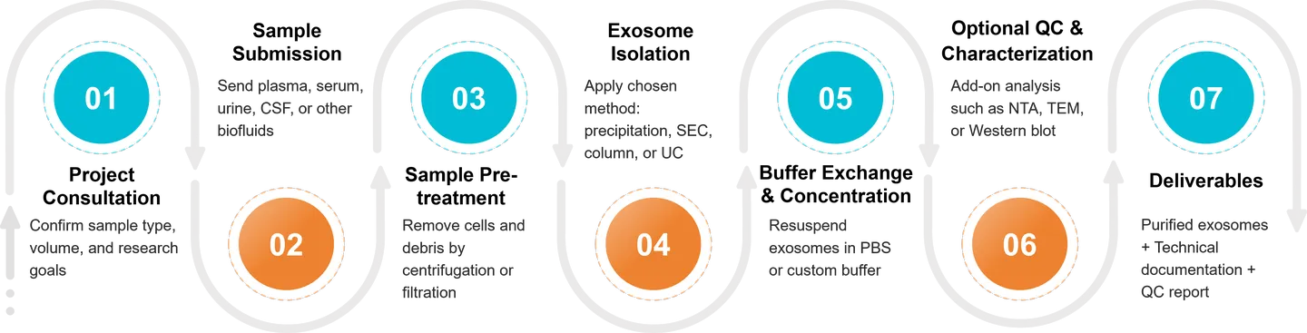 Workflow for isolating exosomes from biofluids with steps from sample prep to optional QC and final exosome delivery.