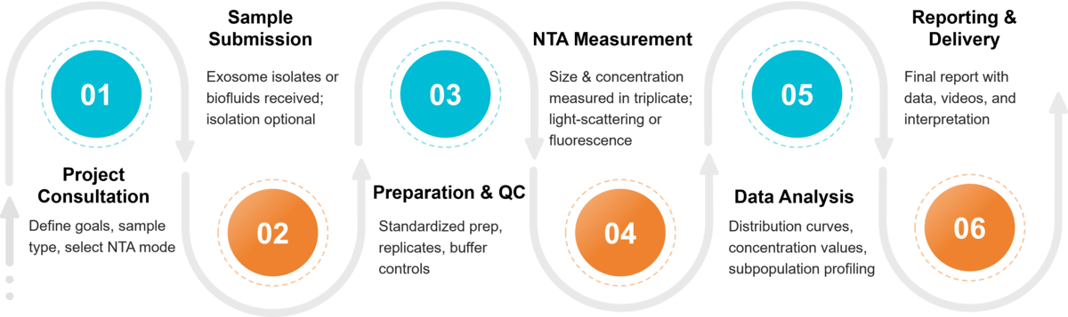Workflow for exosome size and concentration analysis using Nanoparticle Tracking Analysis with data reporting.