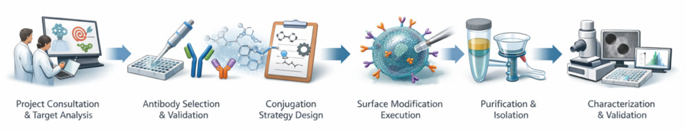 Workflow of antibody-modified exosome engineering including conjugation, purification, and validation steps.