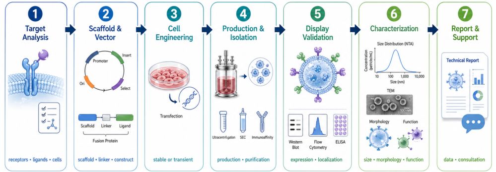 Infographic showing the 7-step workflow for the genetically engineered exosome surface display service, from target analysis to final data delivery and support.