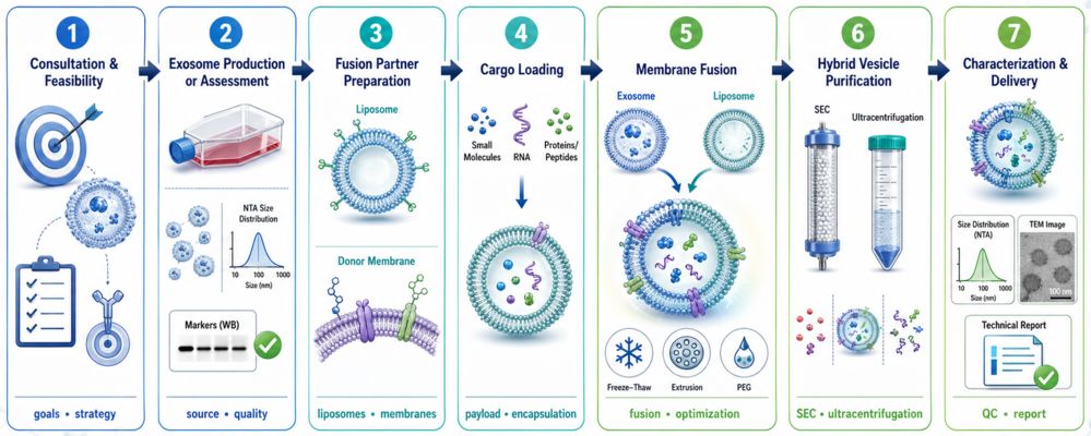 Horizontal infographic showing the 7-step workflow of exosome membrane fusion and hybridization, from consultation to characterization and delivery.