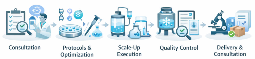 Five-step workflow for exosome protein and peptide loading, from consultation and optimization to QC and delivery.