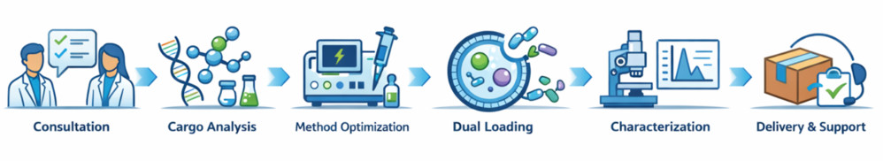 Workflow of exosome co-loading showing consultation, analysis, optimization, dual loading, characterization, and delivery steps.