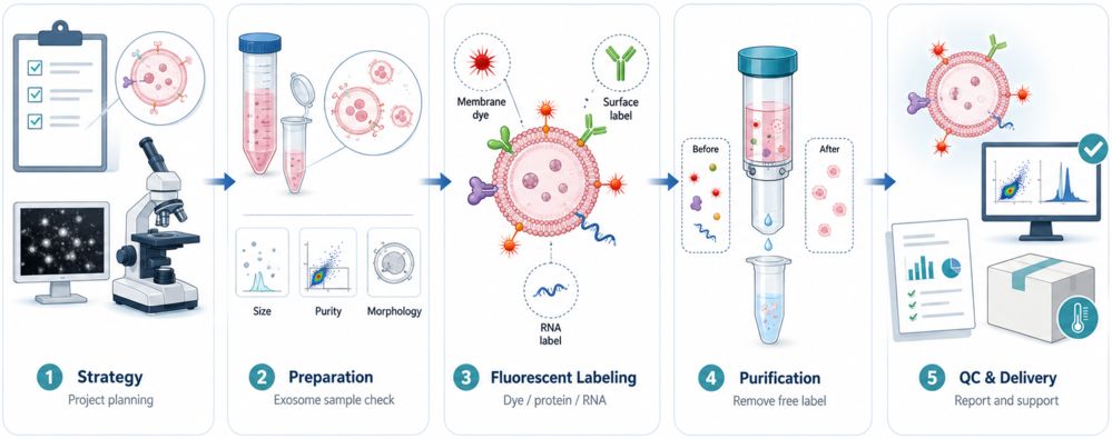 Workflow of exosome fluorescent labeling from strategy design and sample preparation to labeling, purification, QC, and delivery.