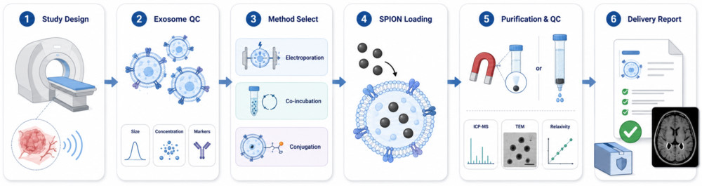 Workflow for SPION exosome labeling for MRI tracking, from study design and QC to loading, purification, and report delivery.