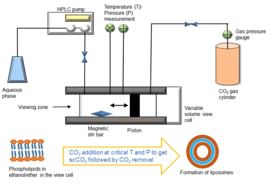 Figure 2. Schemed diagram of novel supercritical reverse phase evaporation (SRPE). Supercritical CO2 (scCO2) was introduced into the SRPE method to dissolve the phospholipids. (B. S. Pattni, et al., 2015) 