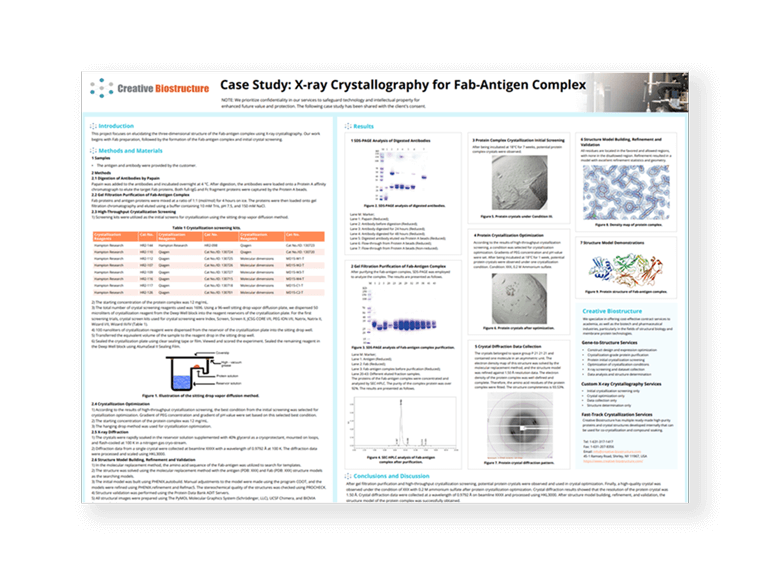 Case study poster on X-ray crystallography for Fab-antigen complex structural analysis.