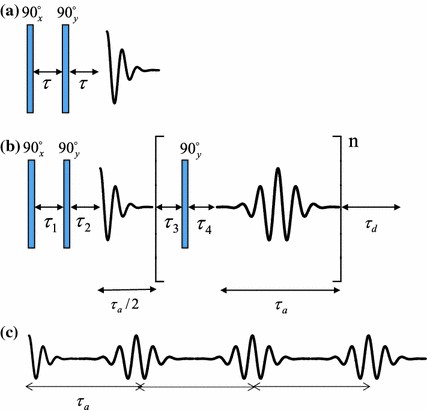 Pulse sequences for the 2H NMR broad line spectrum and the QCPMG spectrum. a. Quadrupolar echo sequence, b. QCPMG sequence, c. NMR signal obtained by the QCPMG sequence.