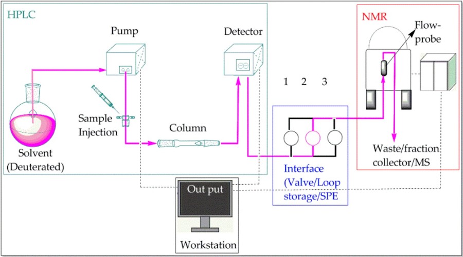 The instrumental setup of the LC-NMR system: combining HPLC and NMR.