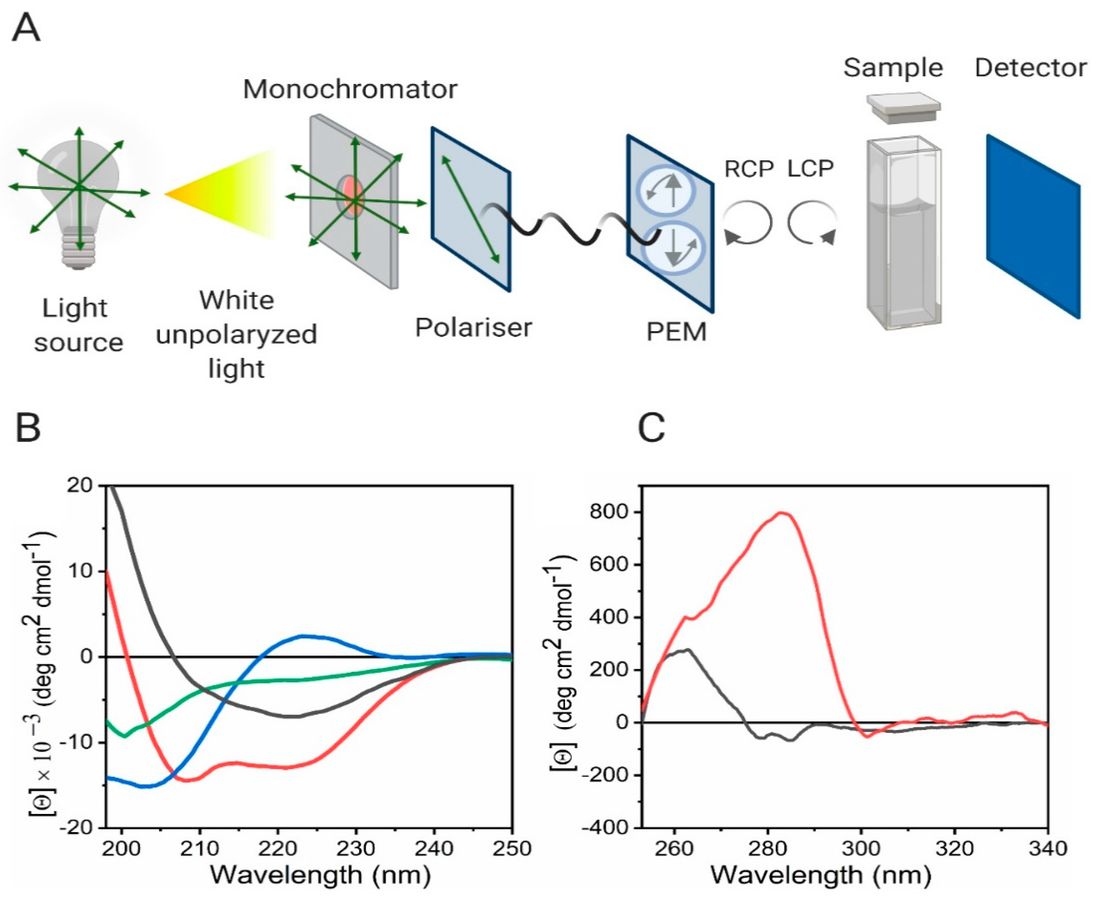 CD spectra showing protein secondary structures in Far-UV and tertiary structures in Near-UV with schematic of CD instrument.