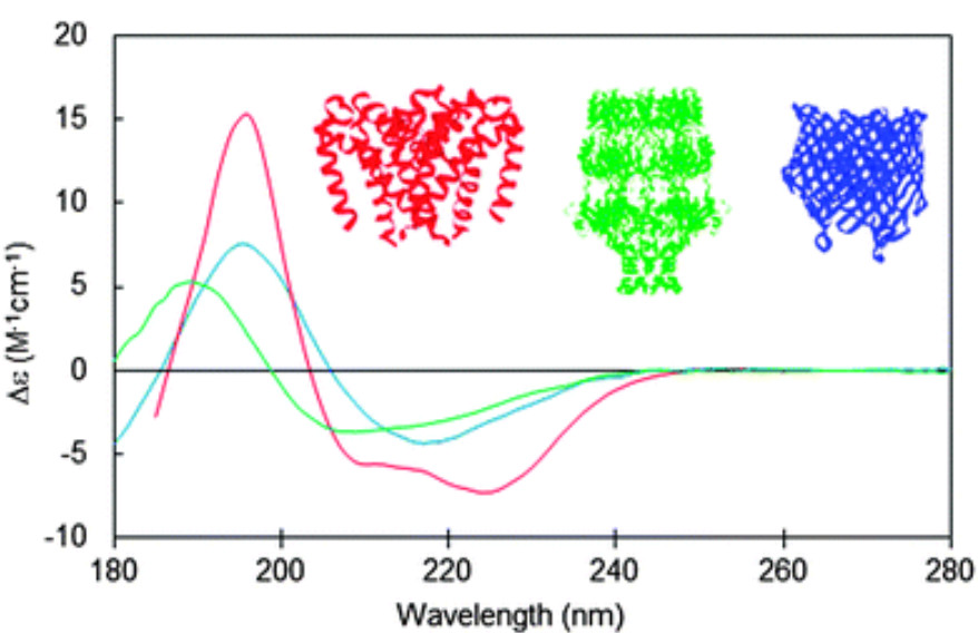 CD spectra of membrane proteins with α-helix, β-barrel, or mixed structures, with inset crystal structures in matching colors.
